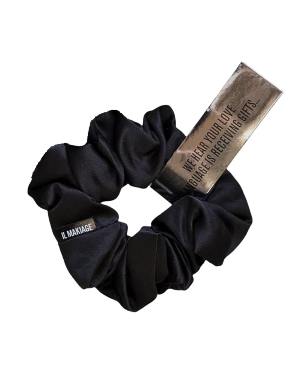 IL MAKIAGE Black Satin Hair Scrunchie with Logo Tag